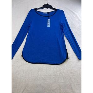 Cynthia Blue Long Sleeve Blouse Size S Lightweight Top Black Trim NWT